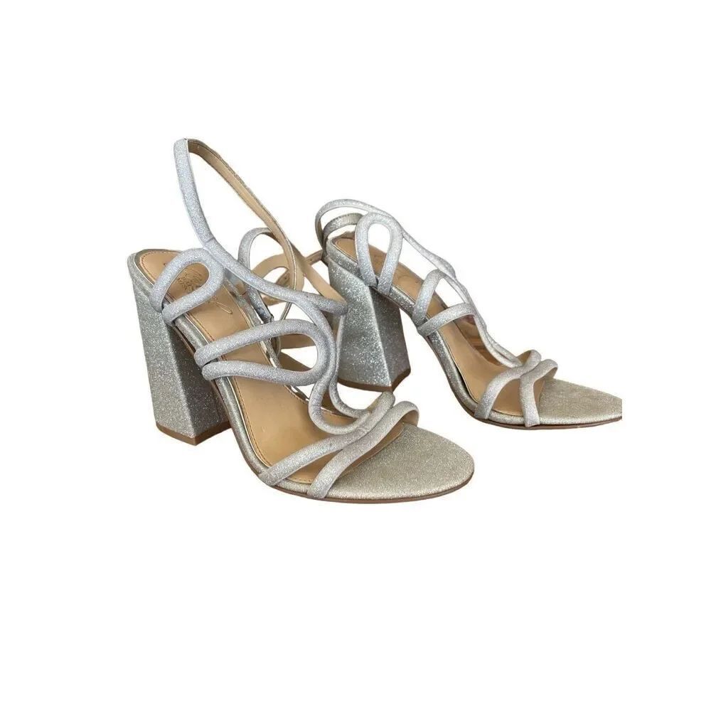 Jewel Badgley Mischka Womens Silver Glitter Ankle Strap Block Heel Sandal Size 7